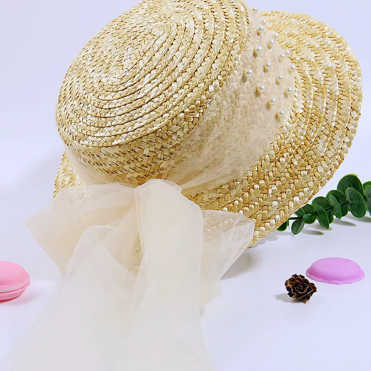 Elegant Fashion Mother Daughter Sunhats Lace Mesh Pearls Hat Cap Outdoor Beach Sunprotection Summer Straw Hat for Adult and Girl 5
