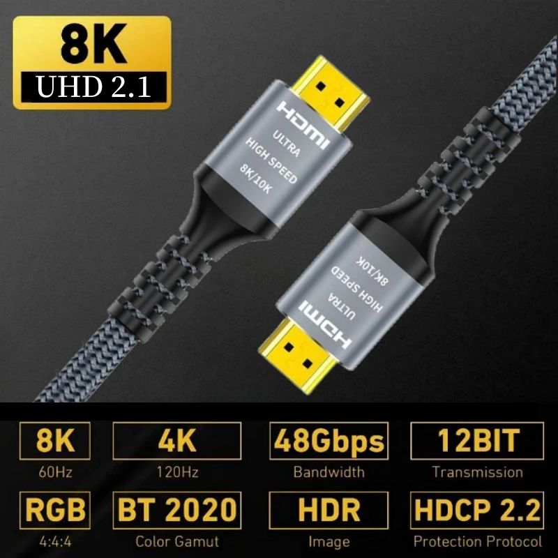 Ultra High-Speed 8K HDMI 2.1 Braided Cable - 48Gbps, 8K60, 4K120, 144Hz, eARC, 3D, HDR10
