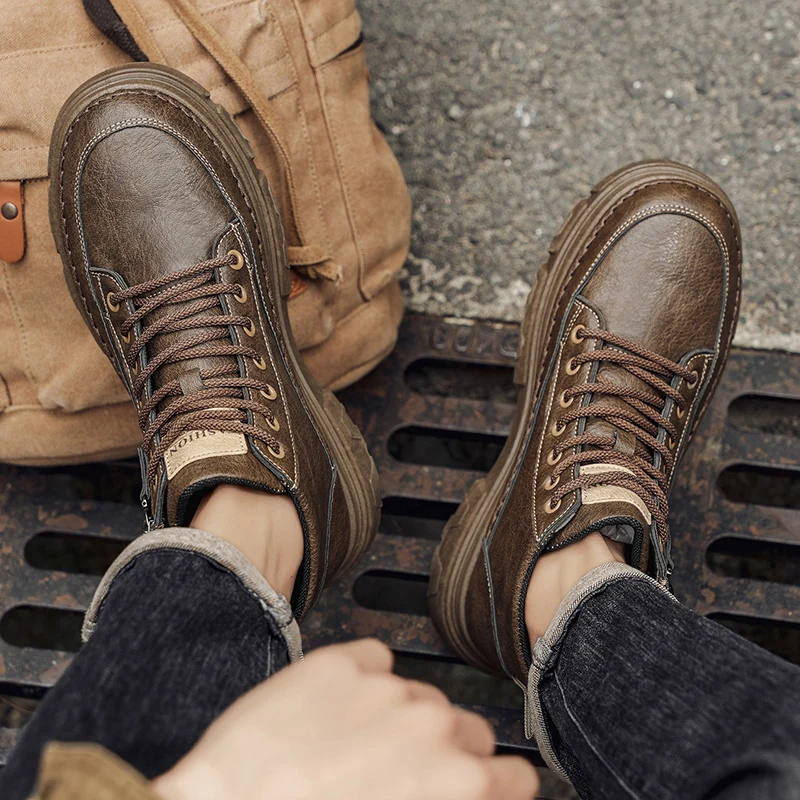 Men Boots Autumn Leather Waterproof Mid-top Sports Shoes New Fashion Ankle Boots Casual Outdoor Hiking Boots Shoes Male Sneakers - 4