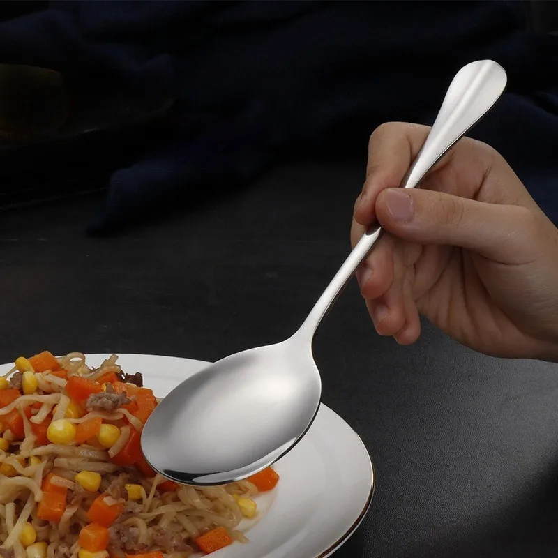 Long Handled Large Stainless Steel Rice Spoon Ergonomic Metal Serving Spoon Kitchen Flatware Salad Dish Utensils stainless steel spoon