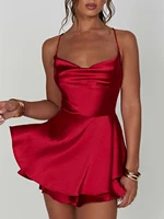 Satin Silk Women Sexy Cami Playsuits Dress Solid Cowl Neck Sleeveless Short Jumpsuits Summer Cross Tie-Up Backless Romper - Image 6