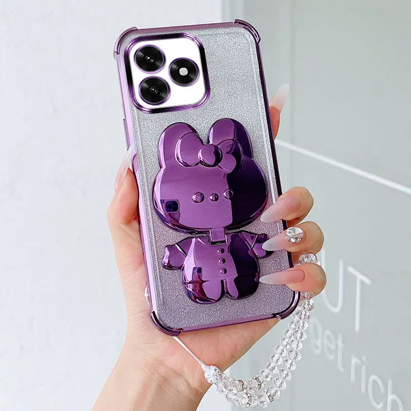Luxury Shockproof Phone Case with Cute Rabbit Makeup Swivel Stand and Crystal Lanyard