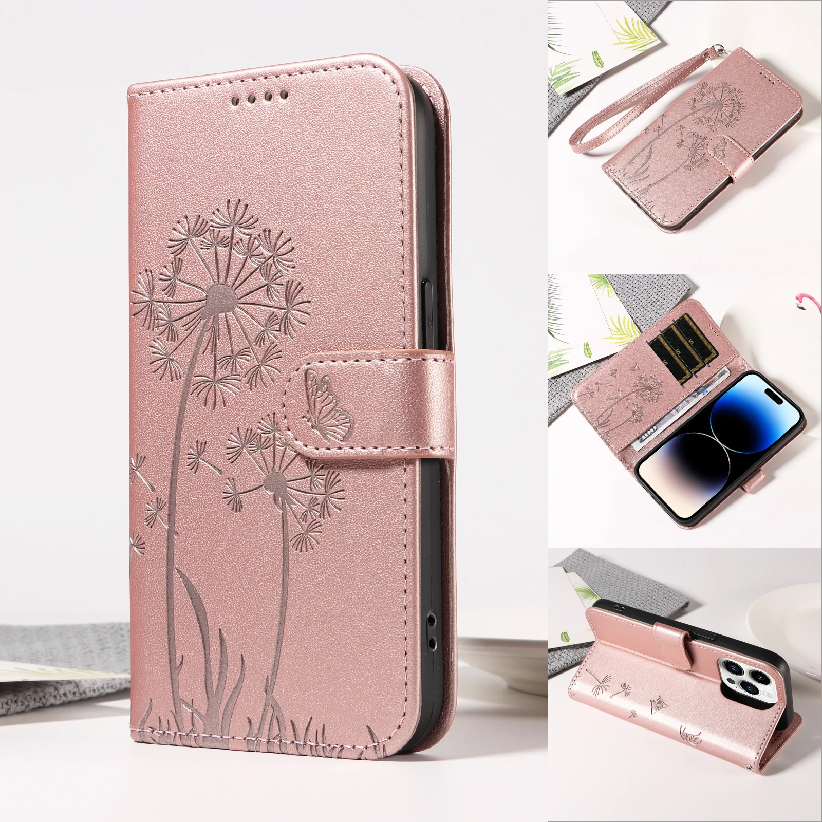 Magnetic Wallet Flip Leather Case with Cat and Butterfly Embossed Design