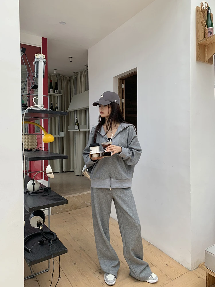 Y2K Casual Two-piece Set Solid Tracksuit Stand Collar Long Sleeve Zip-up Sweatshirt Long Pants Korean Fashion Autumn New Outfits