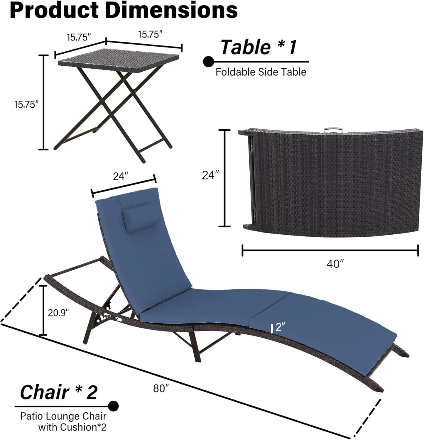 Chaise Lounge Outdoor Set of 3, Pool Lounge Chairs with Adjustable Backrest & Folding Table, Wicker Outside Furniture