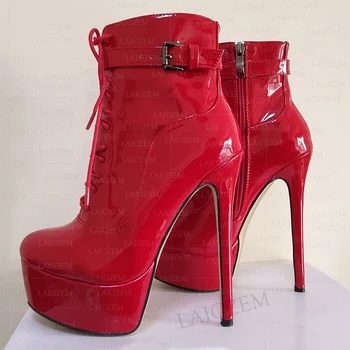 LAIGZEM Women Ankle Boots Shiny Side Zip Up Thin High Heels Short Booties Faux Leather Ladies Shoes Woman Large Size 41 44 46 52