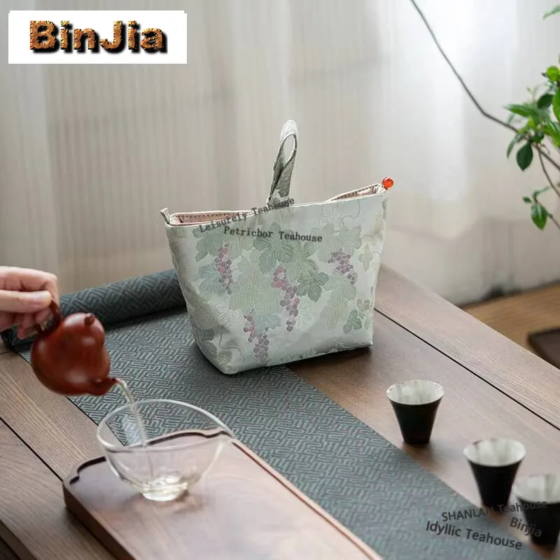 브로케이드 휴대용 차 세트 보관 가방, 부티크 꽃 차 코지, 고대 차, 아늑한 티팟 여행 차 세트 가방, 티 세트 아이템