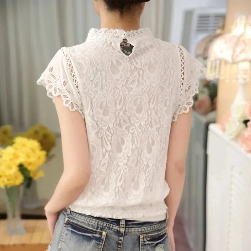 Women's Lace Blouse Short Petal Sleeve O-neck Casual Shirt White Tops Elegant Solid Summer Fashion2025 New 01C 35