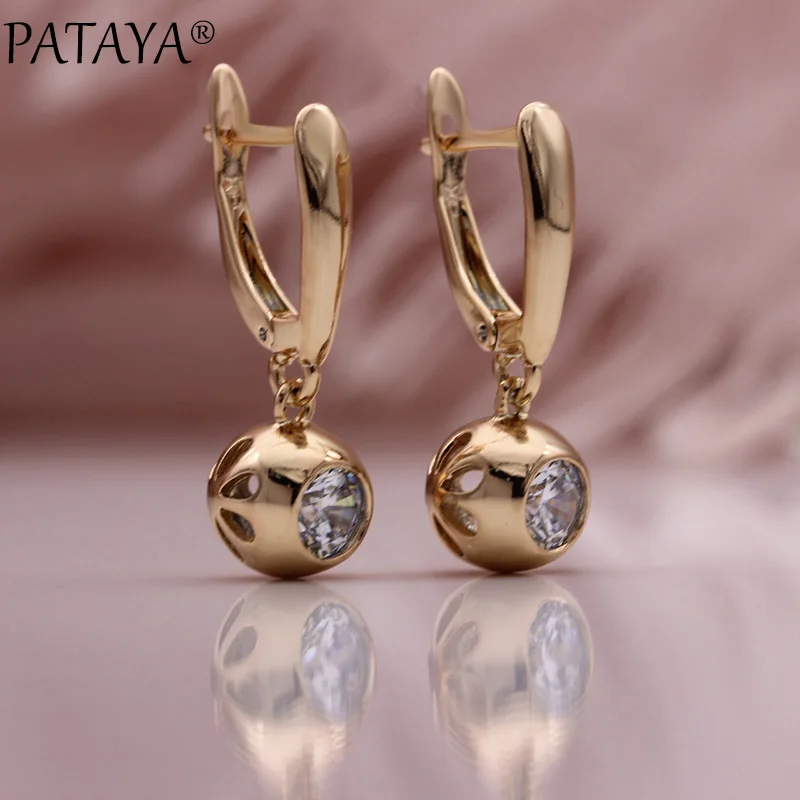 PATAYA New Round Hollow Ball Dangle Earrings For Women 585 Rose Gold Color Fashion Jewelry Luxury Natural Zircon Long Earrings
