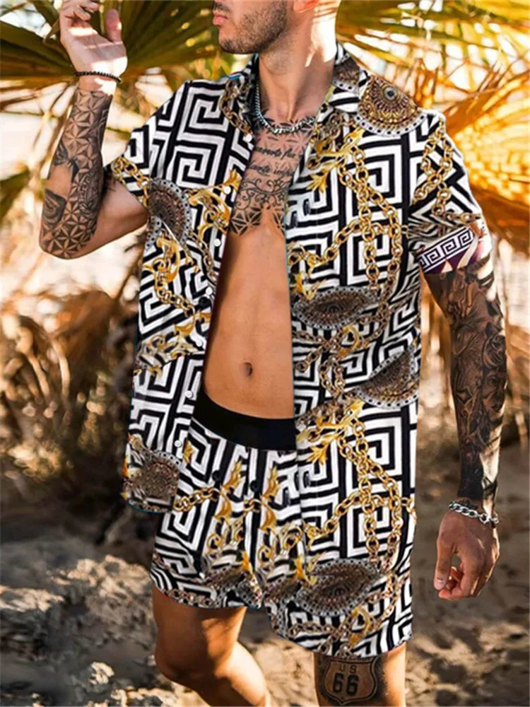 ワンピース 民族風 メンズフェイクツーピースシャツ ニッチ 2色 Beach Fashion Flower Print Two Piece Sets For Men Short