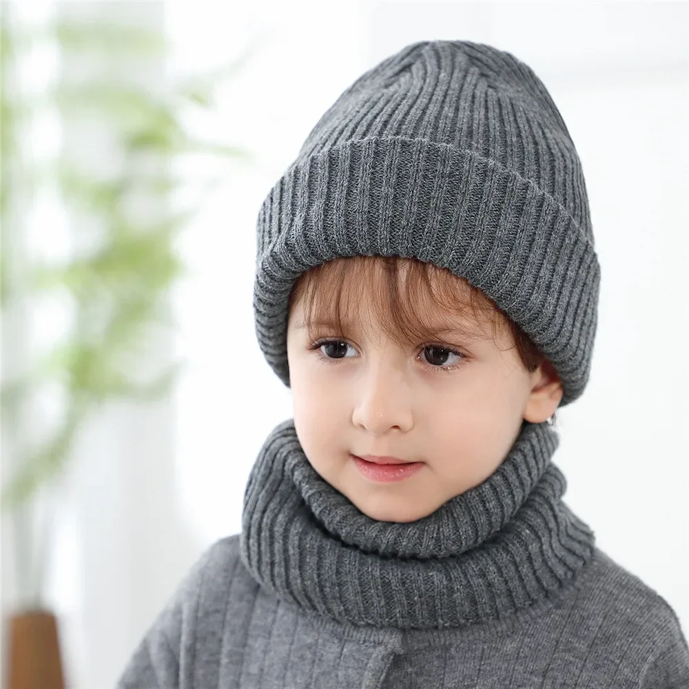 Baby Kid Stripe & Solid Hat Scarf 2 Piece Set Boy Girl Soft Knit Cap And Plush Ring Scarves Child Winter Outdoor Warm Wear 0-8T
