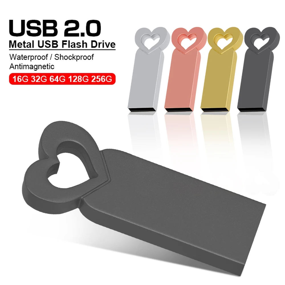 Buy Metal Pendrive USB stick4g 8g 16G 32G 64G 128G drives high-speed waterproof Pen drive flash drives cle usb love heart cute usb flash drive flash drive