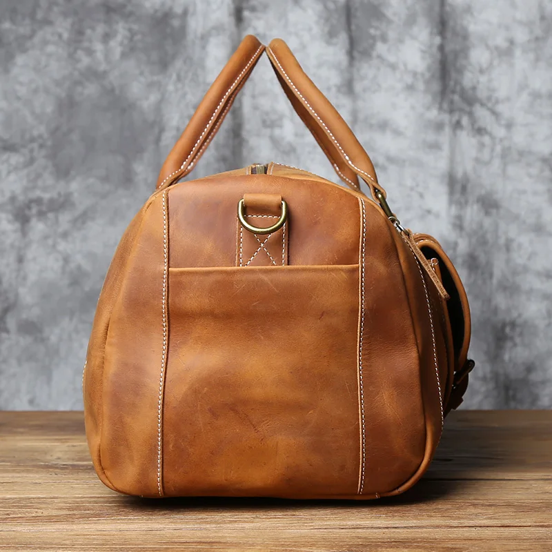 NZPJ Vintage Genuine Leather Men's Travel Bag Crazy Horse Leather Duffel Bag Large Capacity Top-Layer Cowhide Handbag Crossbody