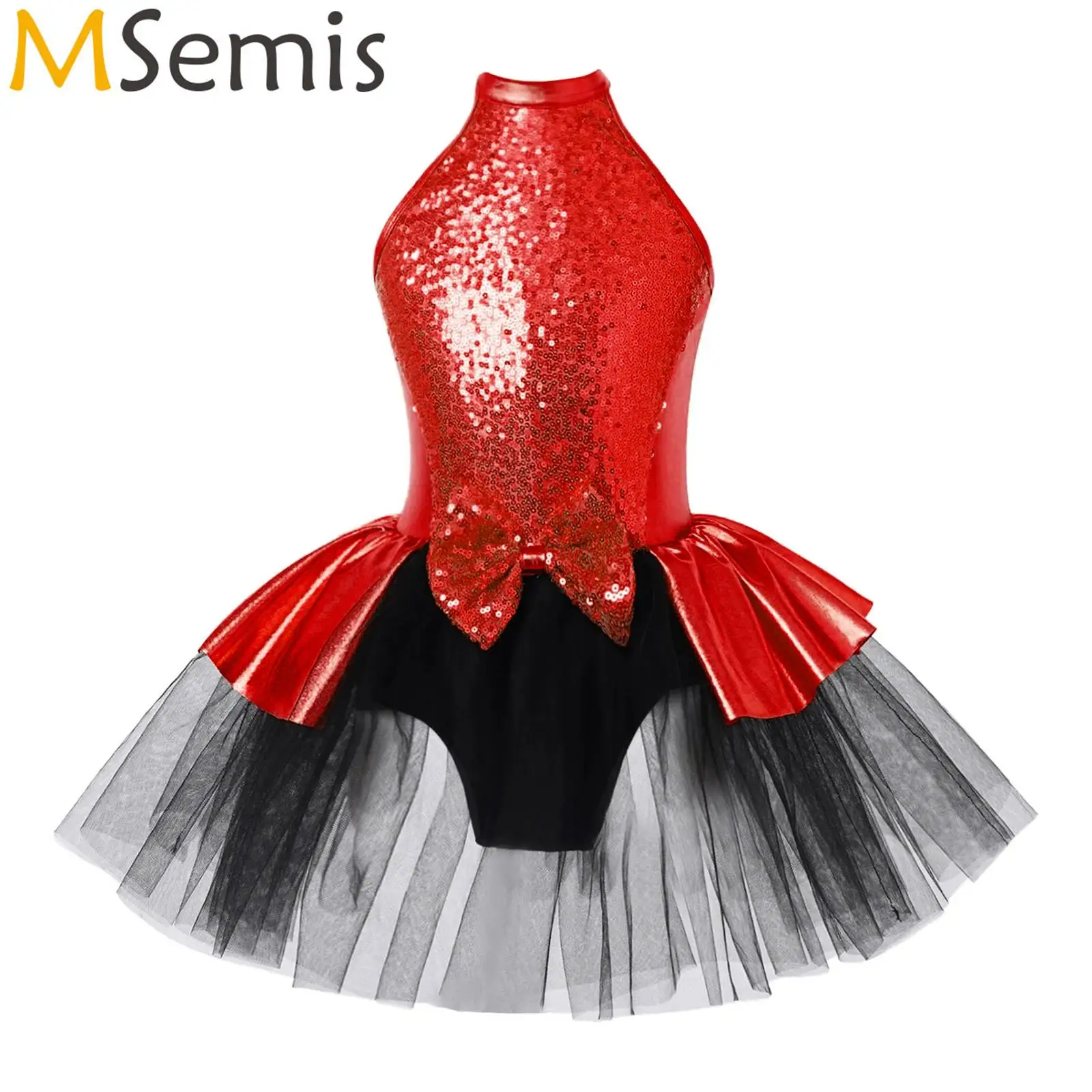 

Kids Girls Sparkling Sequins Ballet Lyrial Dance Dress Bowknot Decorated Straps Hollow Back Ballerina Tutu Mesh Dance Dress