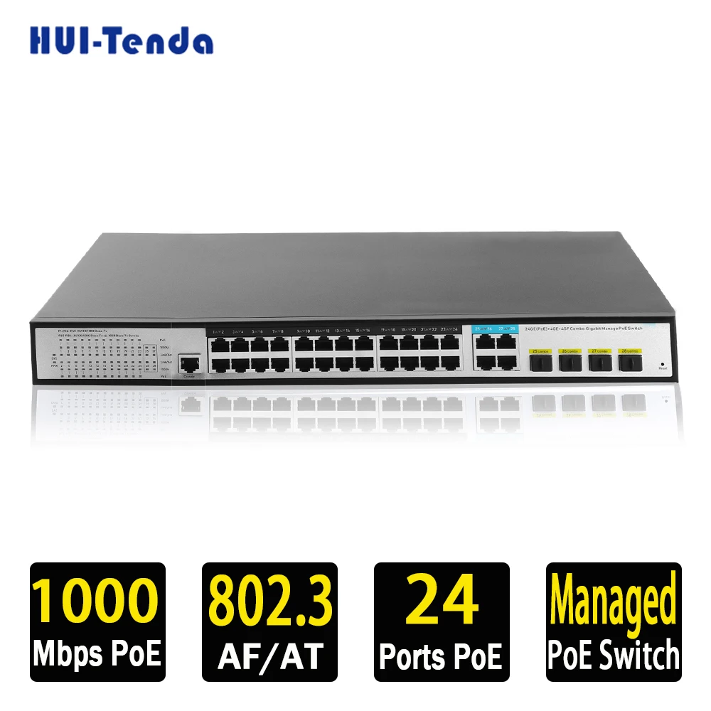 

HUI-Tenda Managed Gigabit POE Switch 24 Ports SFP VLAN STP QOS 1000Mbps RJ45 Ethernet Fiber Switching Hub Rack Mounted