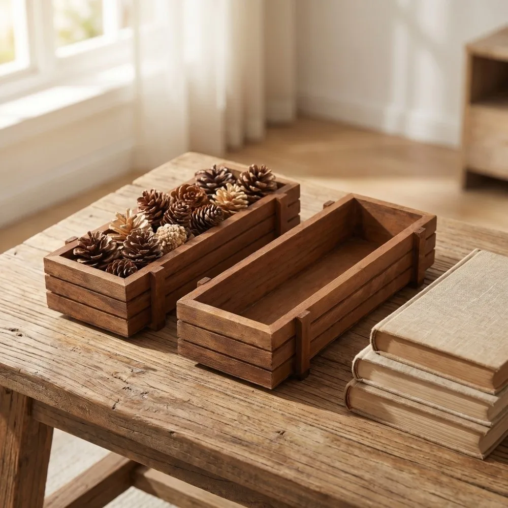 Vintage-Style Rectangular Wooden Planter Box Set - Rustic Succulent & Flower Display