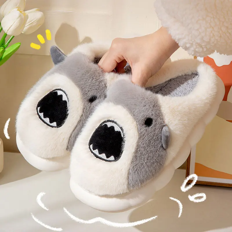 

Shevalues Fashion Plush Shark Slippers For Women Winter Fluffy Warm Slippers Indoor Furry Animal Cozy Slippers Couple Slippers