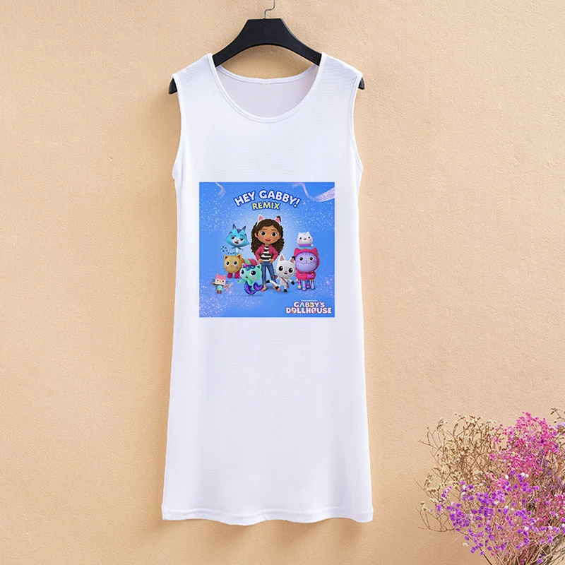 Girls Kawaii Nightdress Cute Gabby Doll House Cartoon Print Kids Home Comfort Summer Fashion Girls Clothes White Camisole Tops pajama sets boy