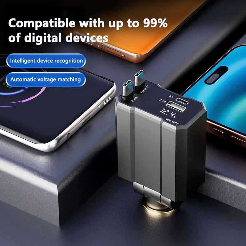 Mobile phone chargers, super-fast charging,  real-time voltage display, and optional starry lights and cigarette lighter.