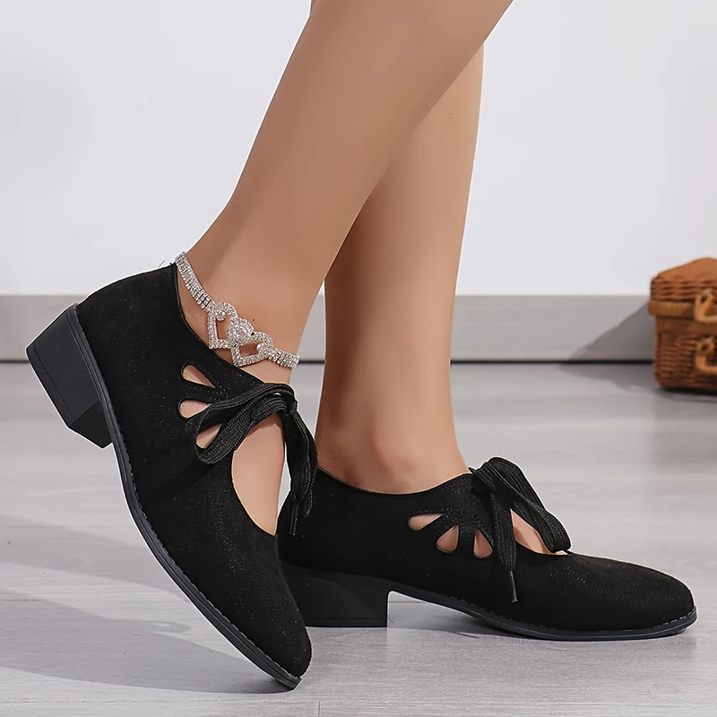 Lucyever Vintage Lace Up Thick Heels Pumps Women Shoes 2025 Spring Pointed Toe Mary Jane Shoes Woman Plus Size Faux Suede Pumps 5
