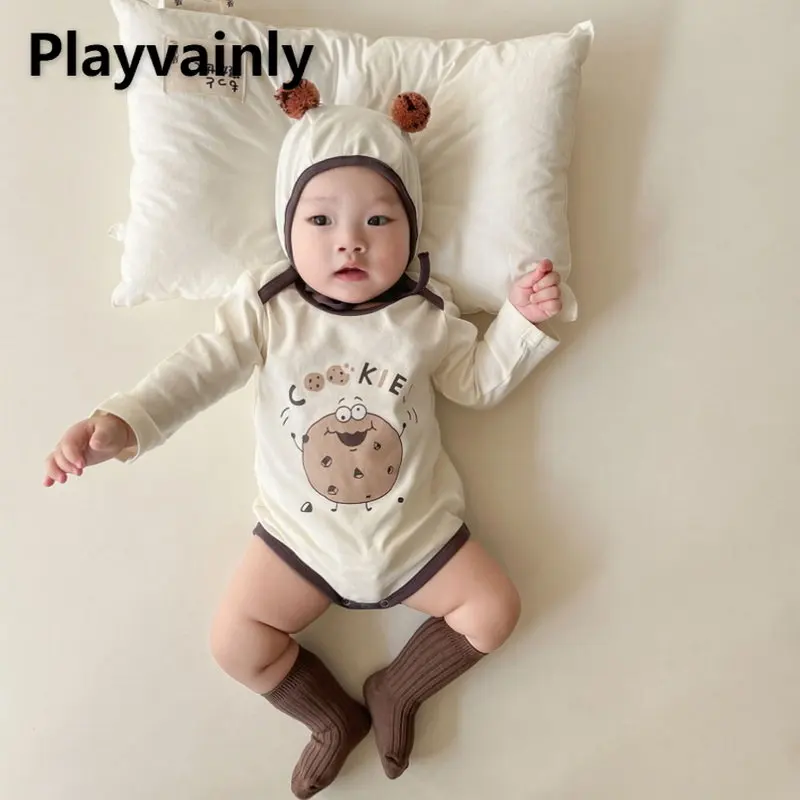 

Spring Autumn Baby Boy Girl Bodysuit Biscuit Print Cotton Long Sleeve Jumpsuit +hat Infant Clothes Newborn Outfits E22577