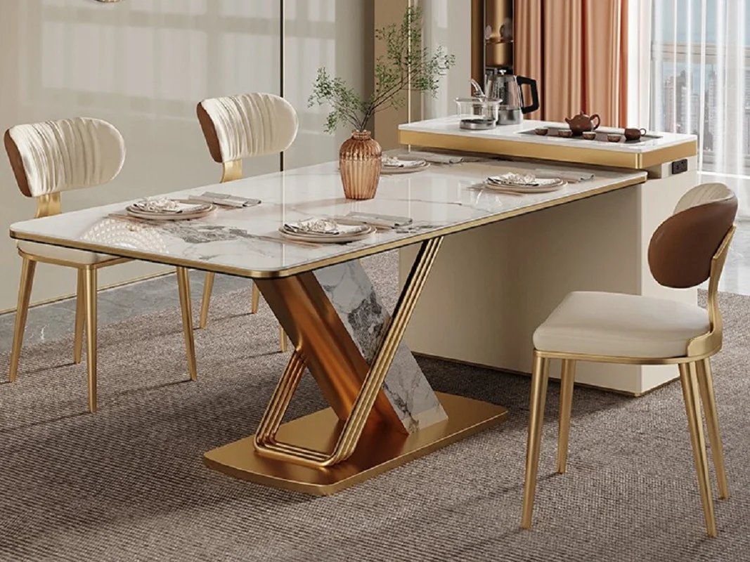 

Island table integrated rock plate retractable household luxury high-end kitchen mobile tea table dual-use
