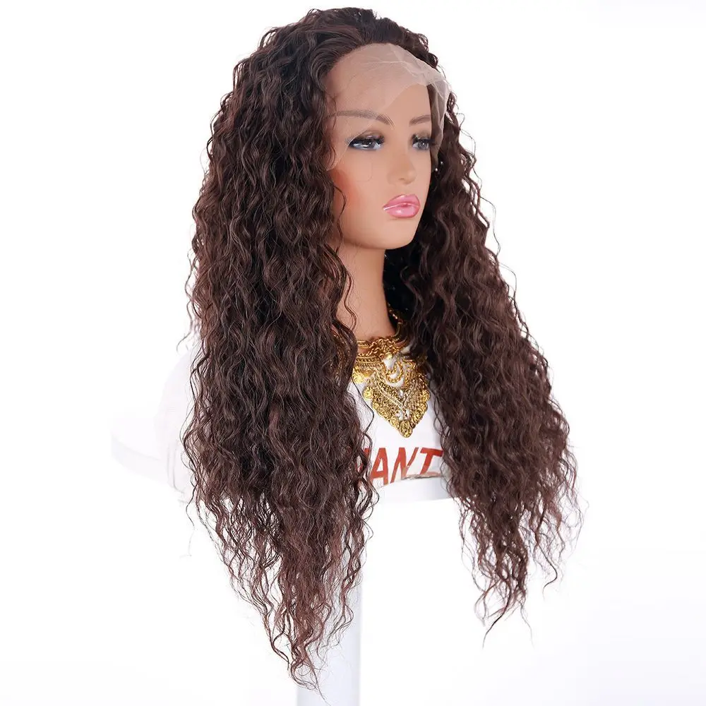 

Girls front lace curls corn perm wig dark brown middle parted long curly Fiber Synthetic Wigs Pelucas Hair Daily Party Use