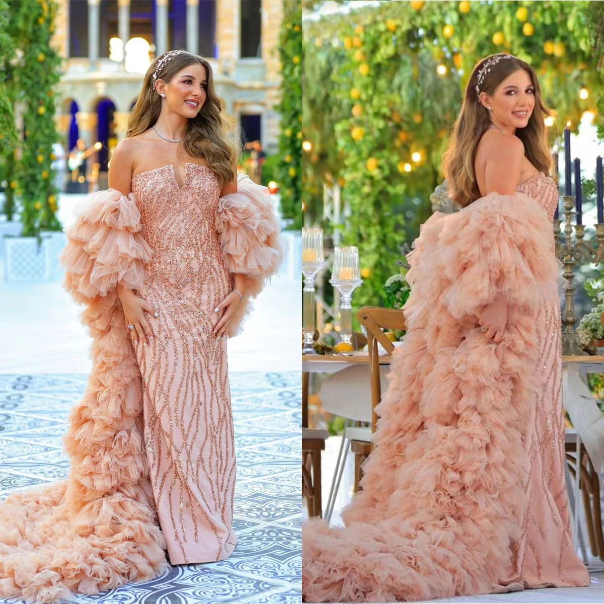

Luxury Evening Dresses For Women Sequins Strapless Bridal Gown With Jacket Sleeveless Skirt Custom Made
