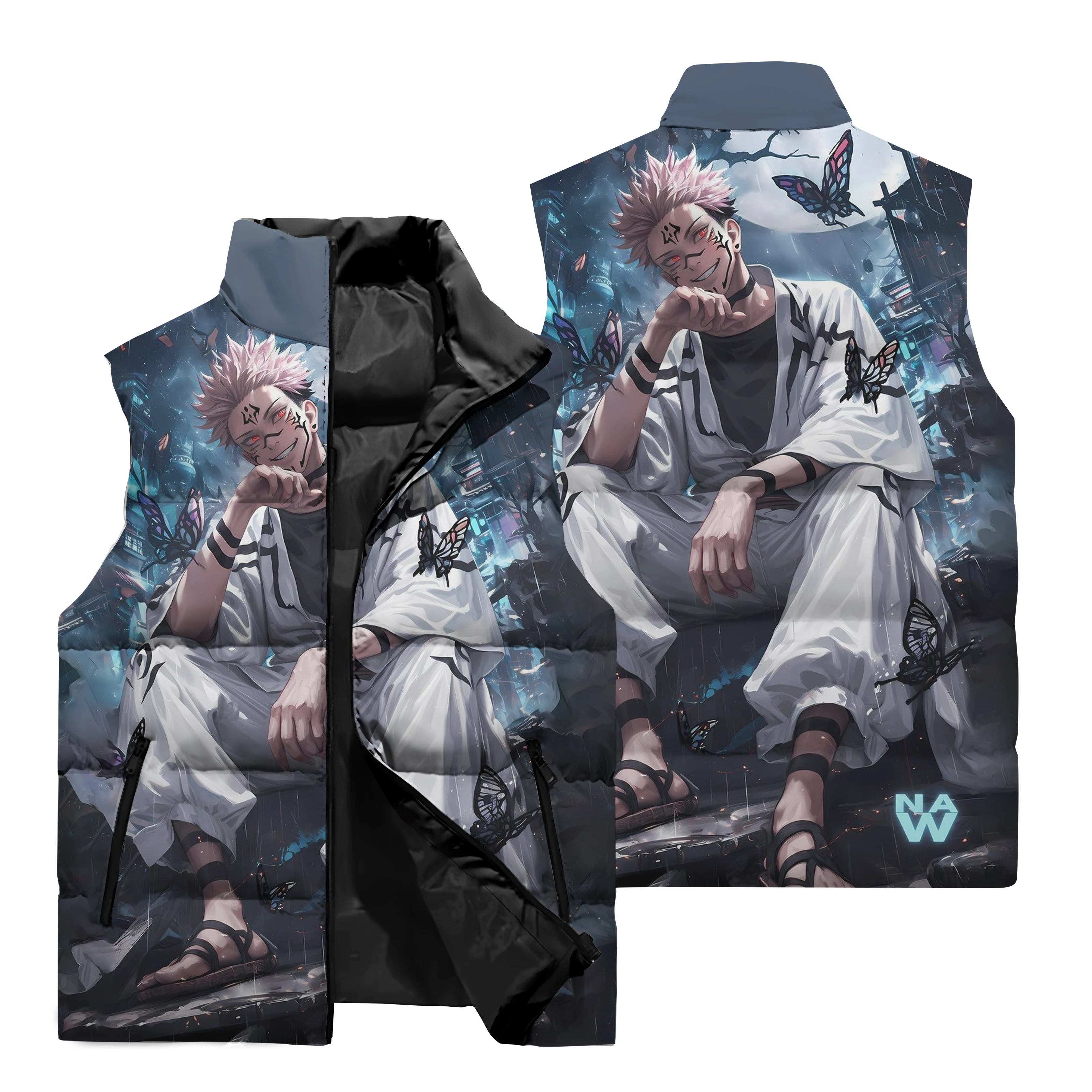 thumbnail image 1 of Chaqueta sin mangas con cremallera y bolsillo con cuello alto de nuevo estilo, estampado 3D Jujutsu Kaisen, chaleco deportivo para viajes al aire libre a prueba de viento, 1 of 5