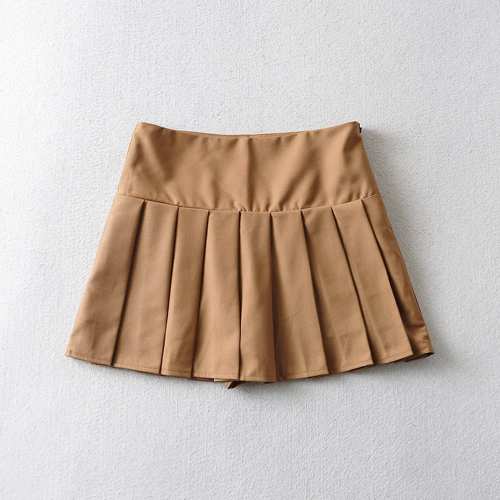 Summer new street style solid color high waist is thin and anti-glare pleated A-line skirt women's sexy all-match short skirt a line skirt