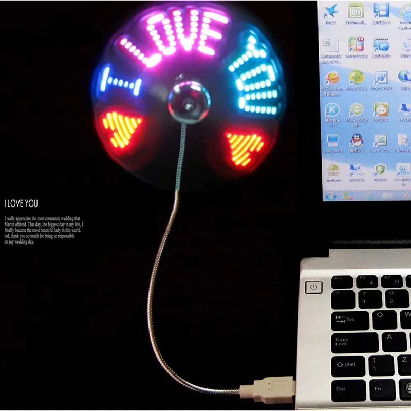 Creative USB Fan，USB LED RGB Light Programmable Fan Flexible Gooseneck DIY Message Mini USB Fan for PC Laptop Notebook Desktops — view 2