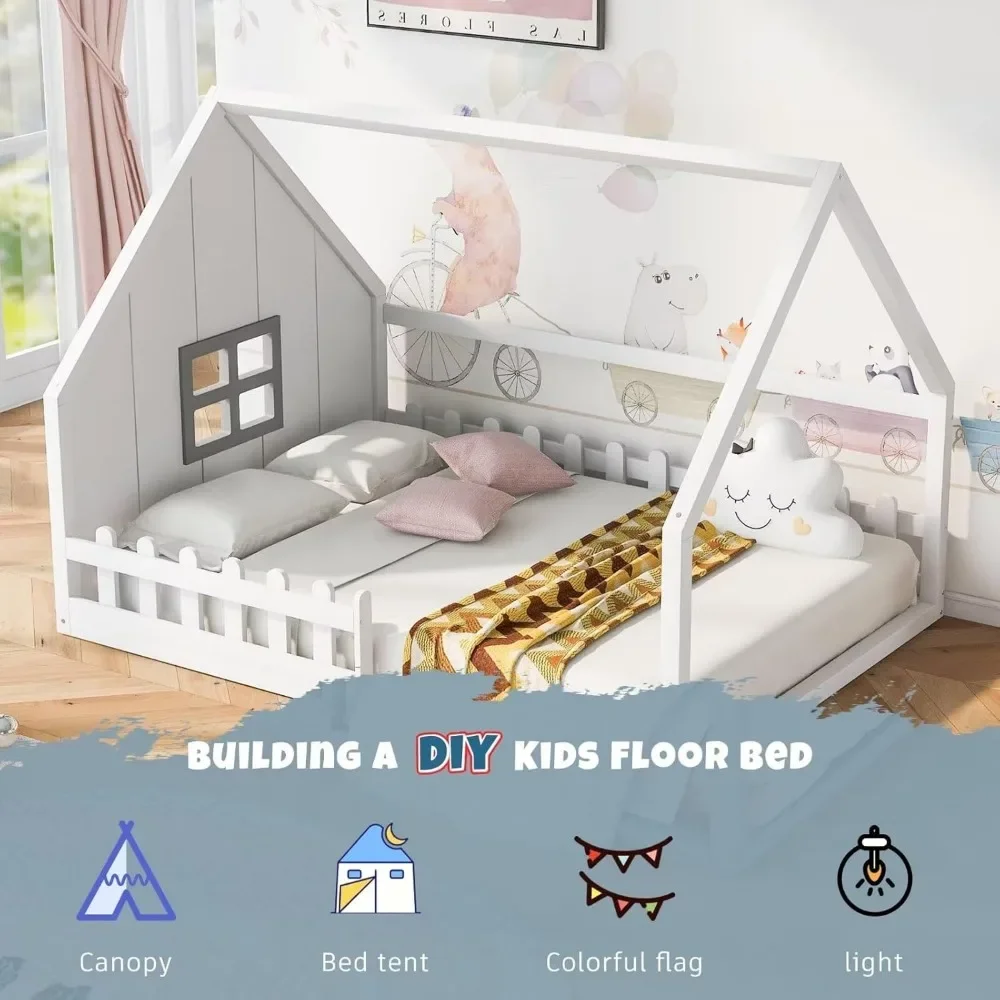 Full Size House Bed for Kids,LED Light Toddler Floor Bed with Fence and Window, Toddler Bed Frame for Girls Boys Kids 4