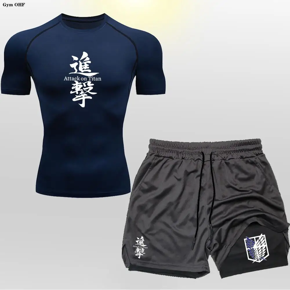 Anime Attack On 2 in 1 Male Quick Dry Sportswear Compression T-Shirt Shorts Men's Running Sports Suit MMA Rashgard Summer Beach 6