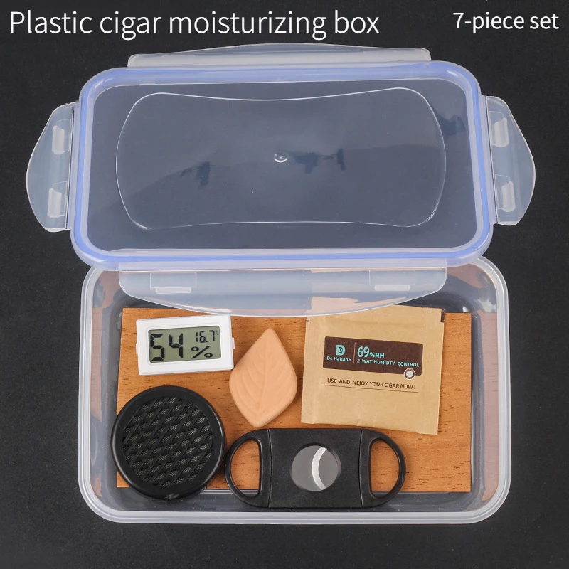 

Cigar Moisturizing Case Transparent Plastic Box with Thermometer Moisturizing Bar Cedar Wood Chip Cigar Cutter Fit 15-20 Cigars