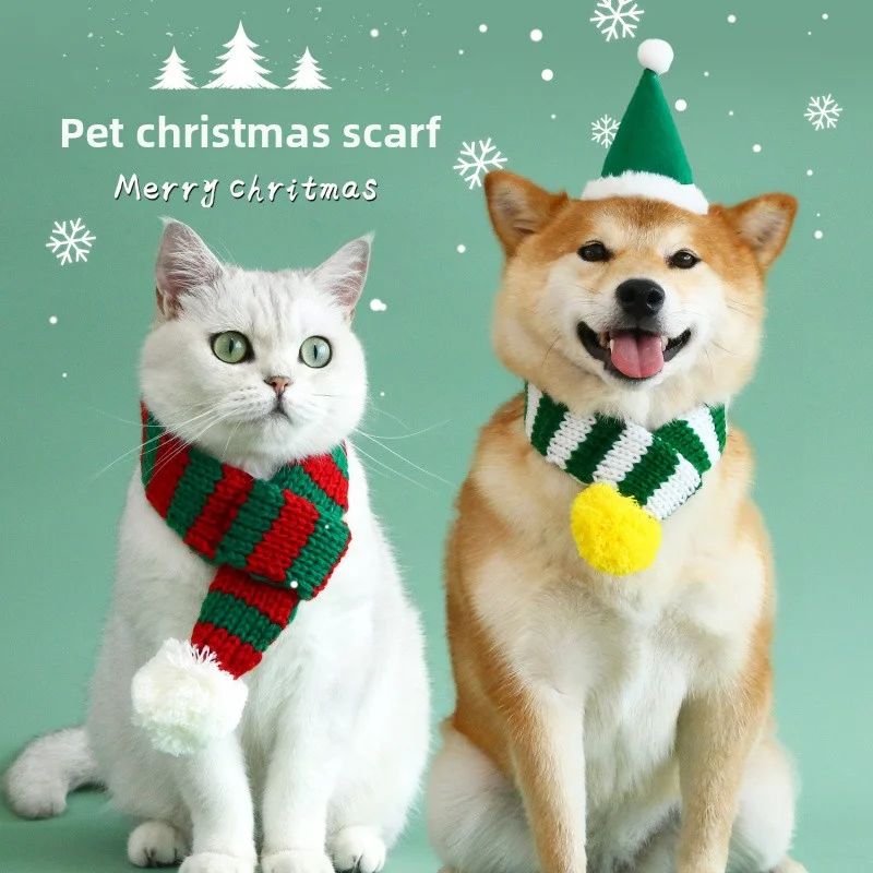 크리스마스 애완동물 스카프 니트 줄무늬 고양이 강아지 두꺼운 따뜻한 스카프 애완동물 용품 고양이 용품 크리스마스 장식 축제 용품