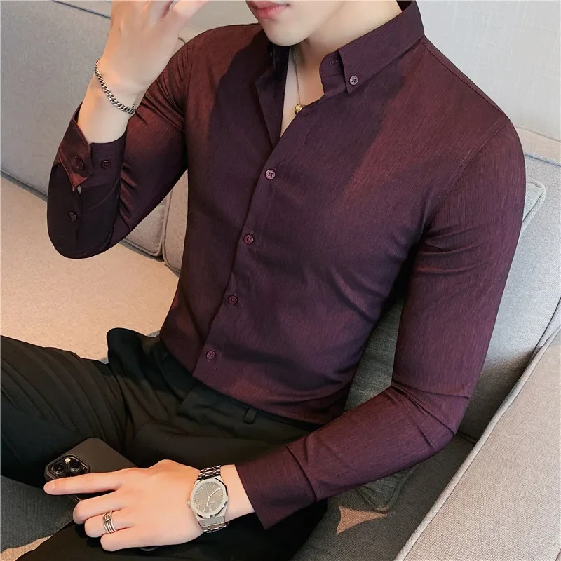 Men Casual Shirts British Style Men Long Sleeved Shirt 2025 Autumn Anti-wrinkle Soft Solid Casual Elastic Slim Fit Camisas Y Blusas Men Clothing