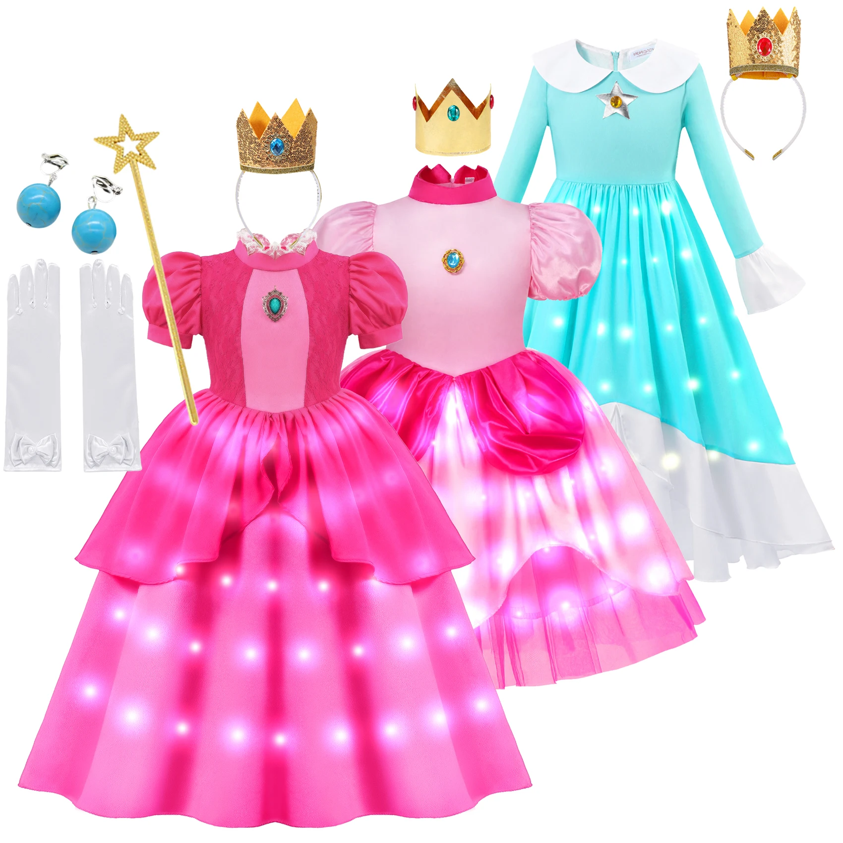 

Peach Princess LED Light Up Dress Girls Cosplay Costume Birthday Party Stage Performance Outfits Kids Pink Carnival Clothes