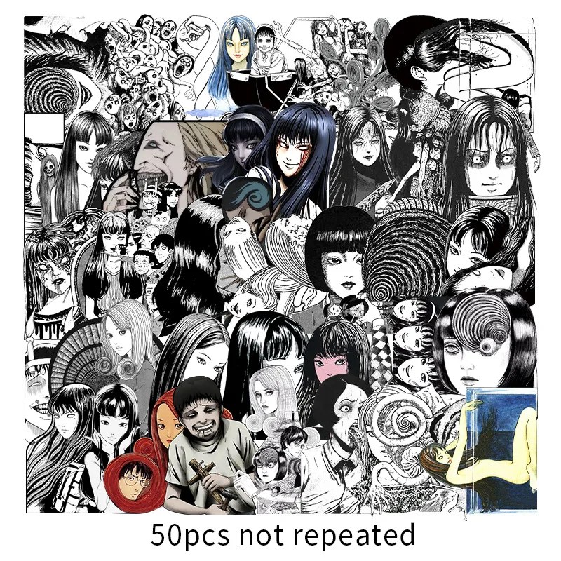 

50Pcs Horror Comic Sticker Black and White Japan Anime Tomie Skateboard Illustration Luggage Laptop Waterproof Stickers Kid