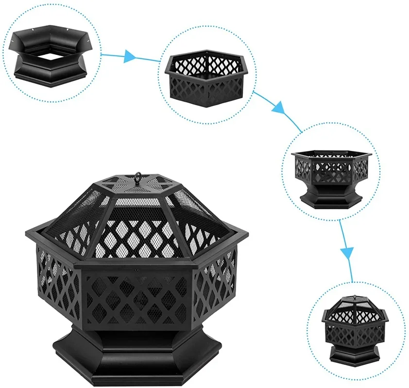 Portable Courtyard Metal Fire Pit 22" Hexagonal Shaped Iron Brazier Wood Burning Fire Pit Decoration for Backyard Poolside