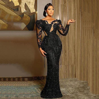 이브닝 드레스 블랙 고급스러운 인어 무도회 드레스 레이스 페르시 술 쉬어 넥 정장 파티 리셉션 가운, 로브 드 마리에