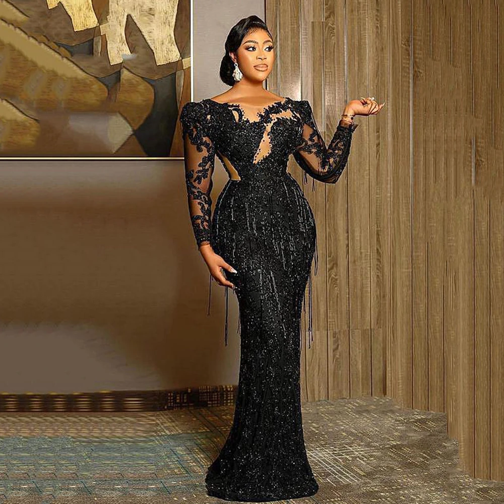 evening dresses for weddings Evening Dresses Black Luxurious Mermaid Prom Dress Lace Beaded Tassel Sheer Neck Formal Party Reception Gowns Robe De Mariee dinner gown
