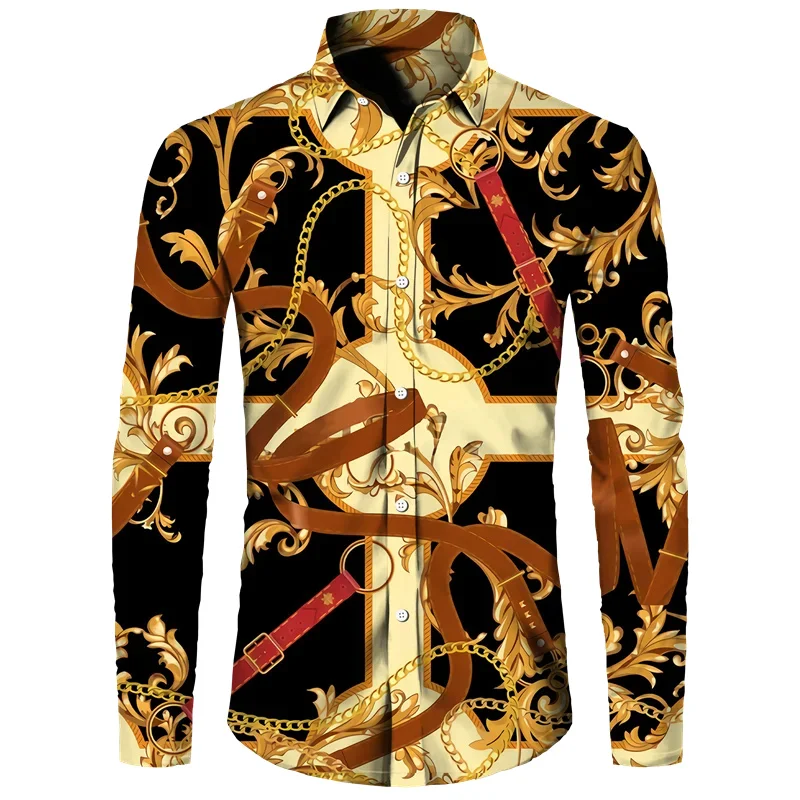 thumbnail image 1 of Camisa de manga larga con estampado 3D de cadena de flores doradas de lujo para hombre, ropa informal de diseñador para hombre, camisas con botones de solapa, 1 of 5