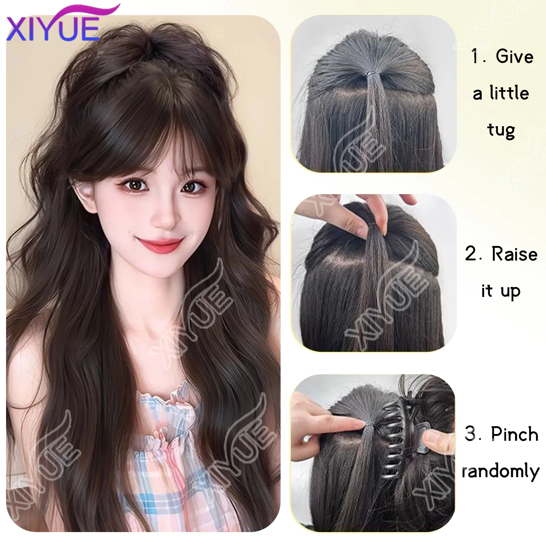 XIYUE 16Inch Synthetic Short Curly Claw Clip in Ponytail Hair Extension Daily Use Black Fluffy Hairpiece for Women