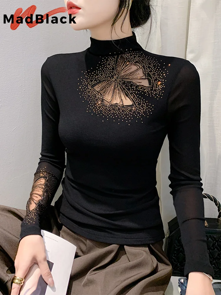 

MadBlack European Clothes Tshirt Women Mock Neck Shiny Hot Drilling Thin Slim Mesh Top Long Sleeve Tees Spring Autumn T39456JM