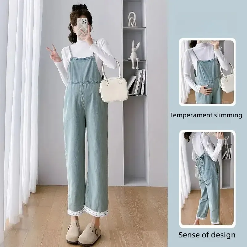 캐주얼 임산부 턱받이 바지, 투웨이 착용, 하프 하이 칼라 베이스레이어 상의, 다목적 용수철 가을 세트