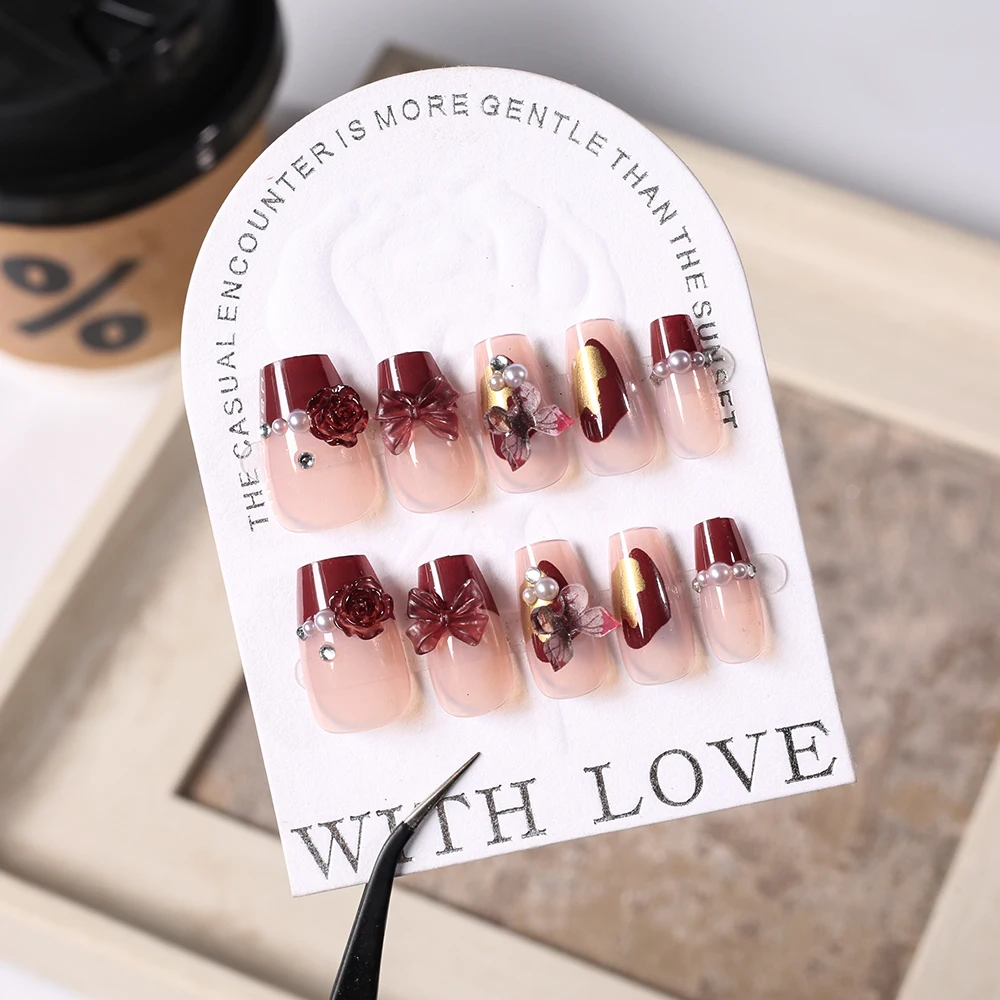 24 Stück rosa Leopardenmuster, kurze, quadratische Nägel zum Aufdrücken, französische Schleife, tragbare künstliche Nägel, vollständige Abdeckung, abnehmbare Maniküre, DIY-Nagelspitzen – Detail 5