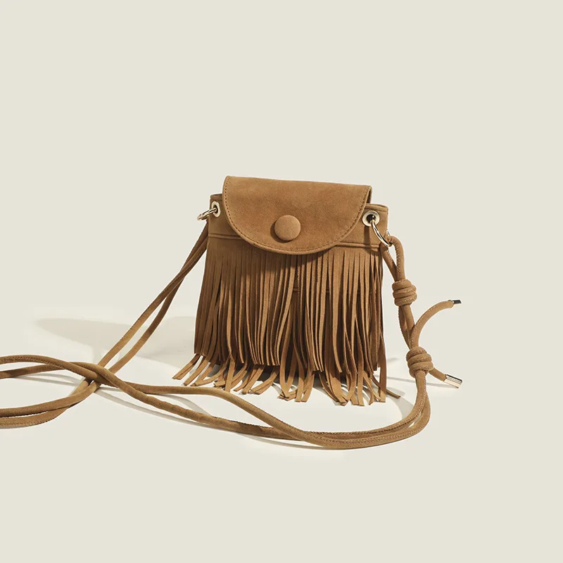 2024 New Retro Ethnic Style Fringe Bag Retro One-shoulder Oblique Bag Frosted Soft Leather Women's Bag