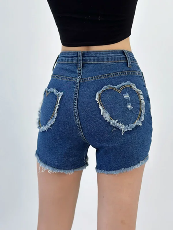 

TVVOVVIN Sexy High Waist Heart Shaped Back Pocket Show Legs Long Wrap Hips Denim Shorts Elastic Perforated Ragged Shorts H2OK