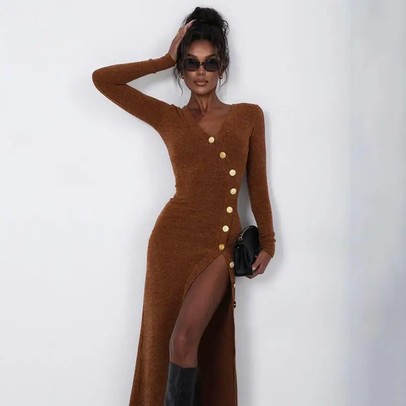 

Knitted Maxi Dress For Women Sexy Slit Slim Long Sleeve Buttons Dresses Knitwear Party Elegant Retro Dress Lady 2024 New p1239