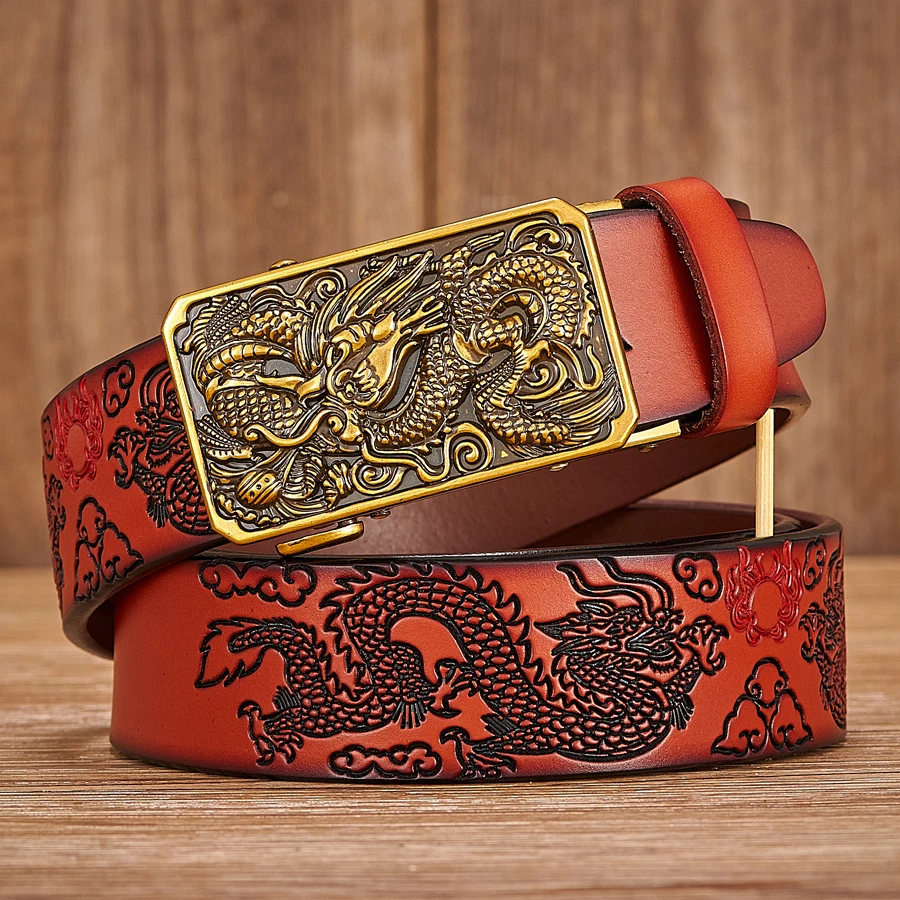 Male Genuine Leather Belts Casual Ratchet Belt with Automatic Buckle Luxury Design Dragon Pattern Belts for Business Men Strap